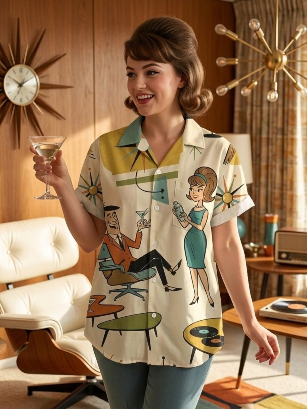 Retro Lounge Print Shirt Mid‑Century Style Button‑Up Unisex Casual Resort Wear